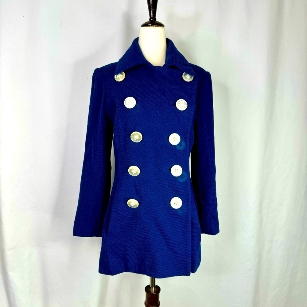 Vintage handmade royal blue double breasted wool coat oversized buttons pockets